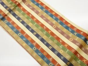 格子に宝尽くし模様織出し名古屋帯